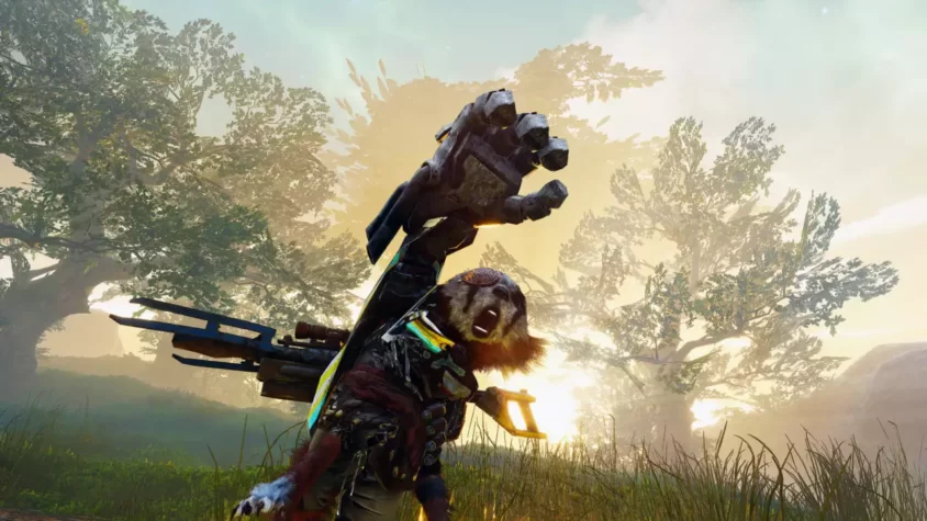 Герой в бою с огромным динозавром в геймплейе Biomutant