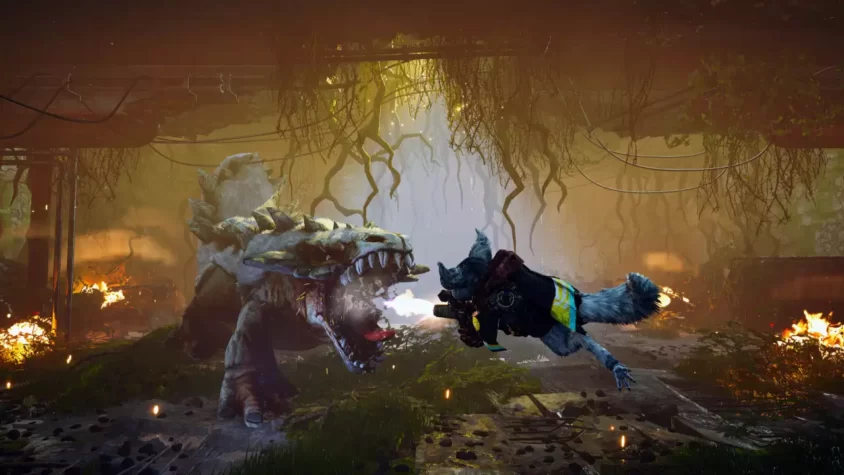 Герой использует механическое оружие против гигантского монстра в игре Biomutant