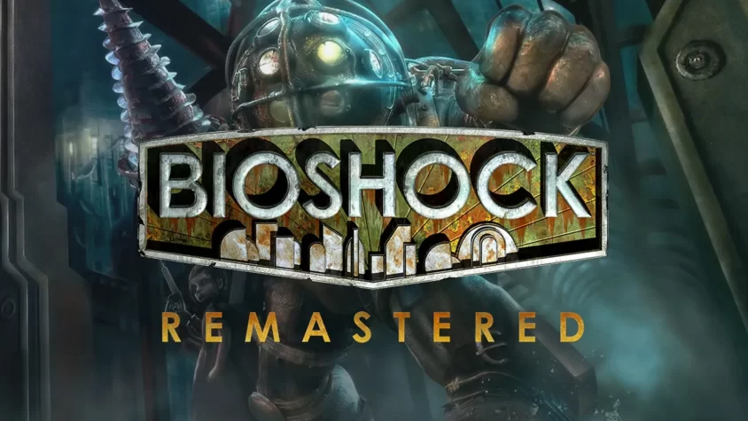 BioShock Remastered - Обложка Обложка игры BioShock Remastered с Питером и механическим чудовищем на переднем плане