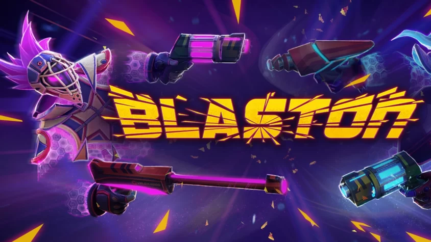 Blaston Обложка игры Blaston с героем, держащим яркие оружия в стиле футуризма
