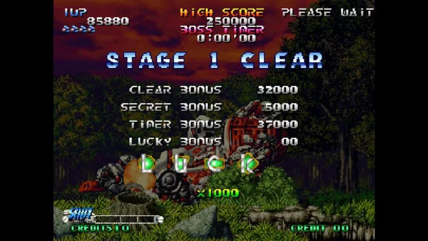 Геймплей Blazing Star с этапом 'STAGE 1 CLEAR' и разрушениями на фоне