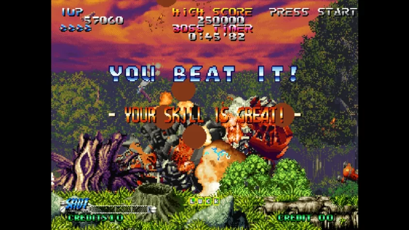 Геймплей Blazing Star с экраном 'YOU BEAT IT!' и частицами взрывов