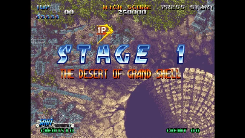 Геймплей Blazing Star с надписью 'STAGE 1: THE DESERT OF GRAND SHELL' и пустынным ландшафтом