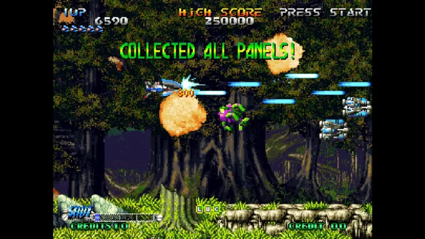 Геймплей Blazing Star с фразой 'COLLECTED ALL PANELS!' и апгрейдом оружия