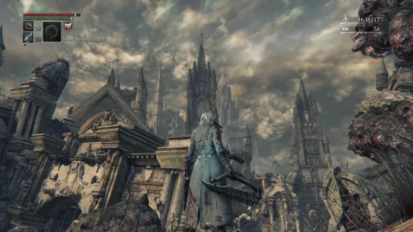 Пейзаж в Bloodborne с высоким зданием на горизонте