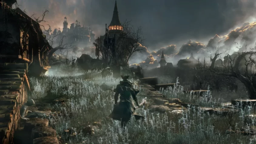 Герой Bloodborne с луком, сражающийся с врагом в разрушенном городе