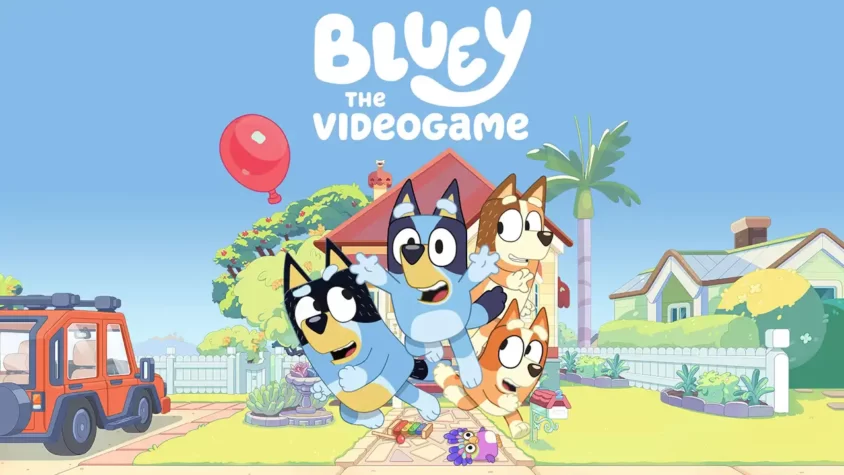 Обложка Bluey: The Videogame Обложка игры Bluey: The Videogame с изображением семьи Блуи на фоне дома