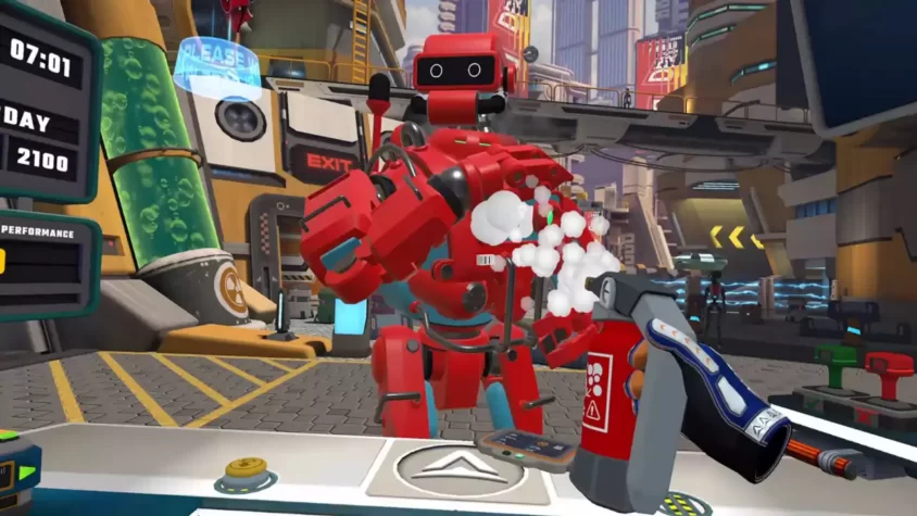 Робот с шляпой и объектами в игре Border Bots VR