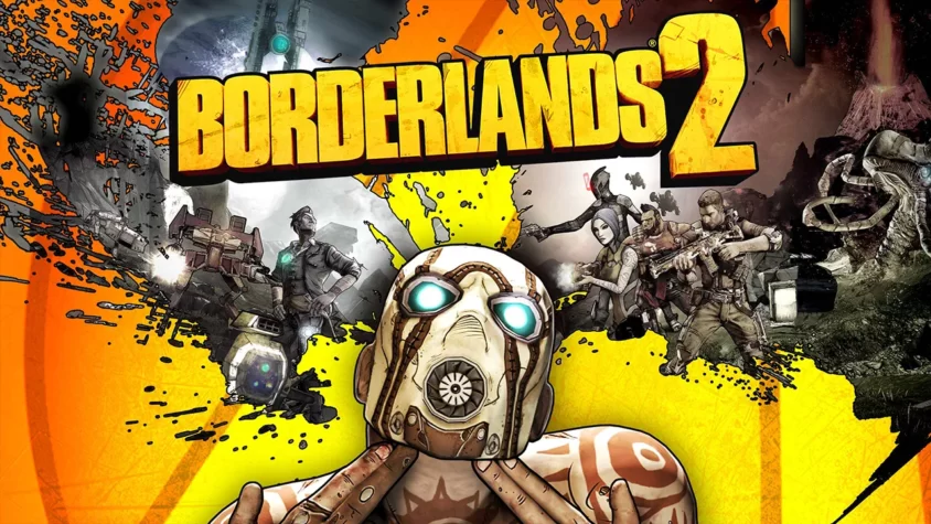Обложка игры Borderlands 2 Обложка игры Borderlands 2, где изображен персонаж с маской и персонажи на заднем плане