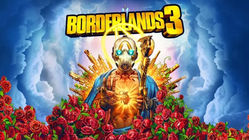 Обложка игры Borderlands 3 Обложка игры Borderlands 3 с персонажем, стоящим в цветах с оружием на фоне облаков