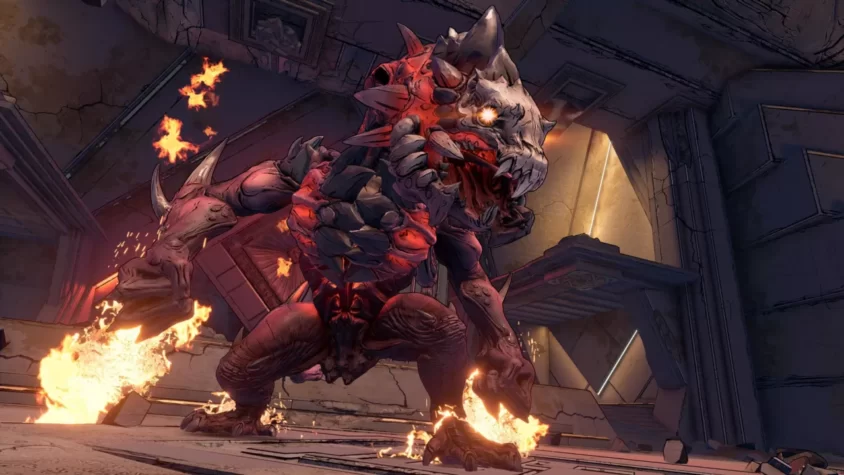 Монстр с огнём в руках и страшным видом, готовый напасть в игре Borderlands 3