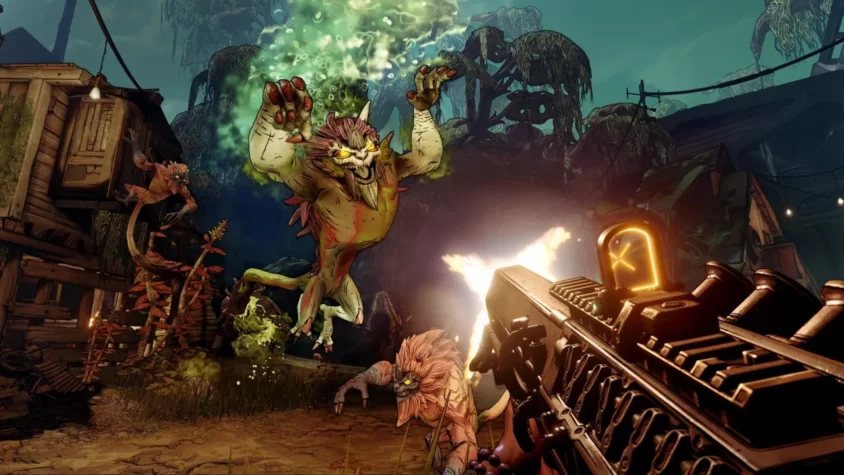 Персонажи Borderlands 3 с оружием атакуют жутких мутантов с яркими глазами