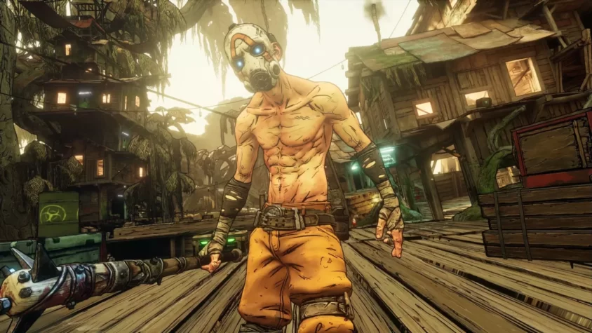 Персонаж игры Borderlands 3 в разрушенной деревне, готовый к следующему бою с оружием в руках