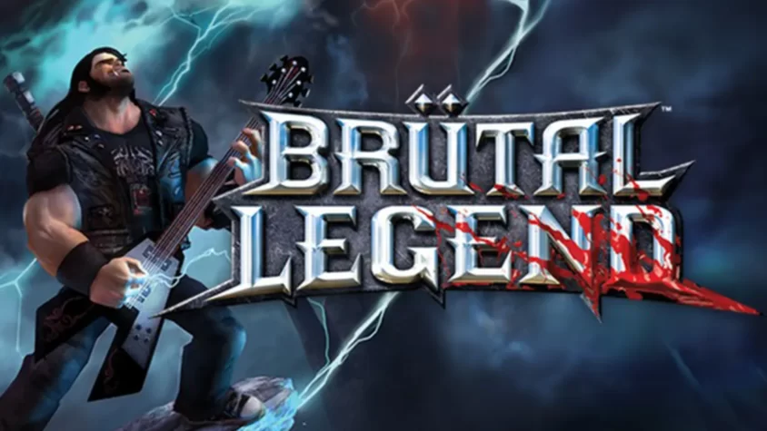 Brütal Legend — обложка игры Брутальный герой с гитарой на фоне молний