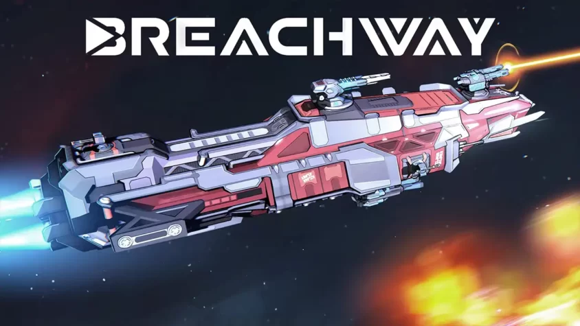 Обложка игры Breachway: космический корабль в стиле аниме, летящий через пространство, и название игры в стиле шрифта из 90-х