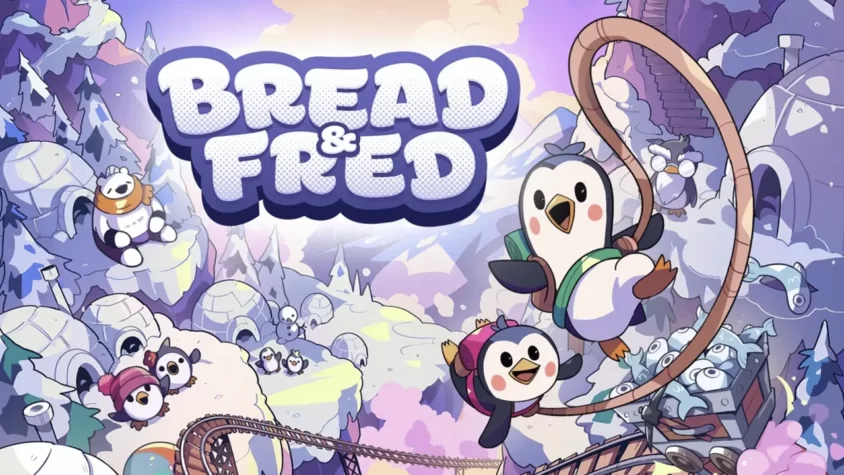 Главный арт игры 'Bread & Fred' с двумя пингвинами, путешествующими по зимнему миру