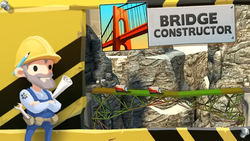 Bridge Constructor - Обложка игры Обложка игры Bridge Constructor с персонажем и мостом
