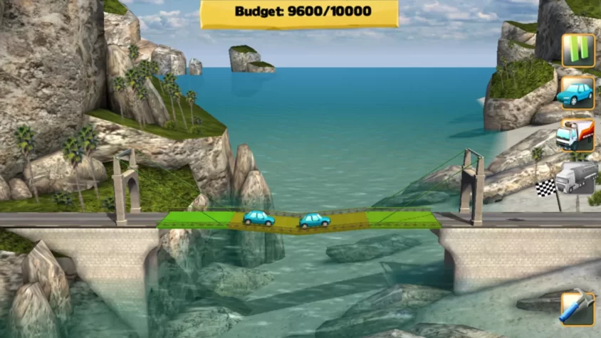 Готовый мост в Bridge Constructor с машинками и ограниченным бюджетом