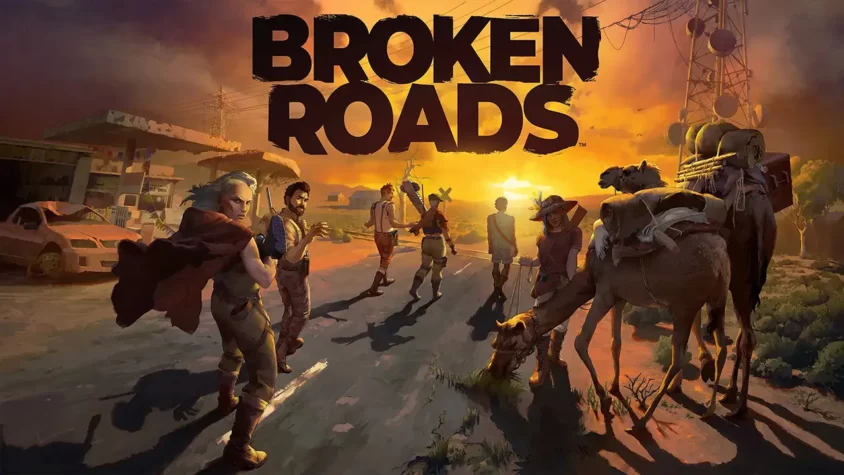 Обложка игры Broken Roads, где группа персонажей идет по разрушенной дороге, на фоне заходящего солнца
