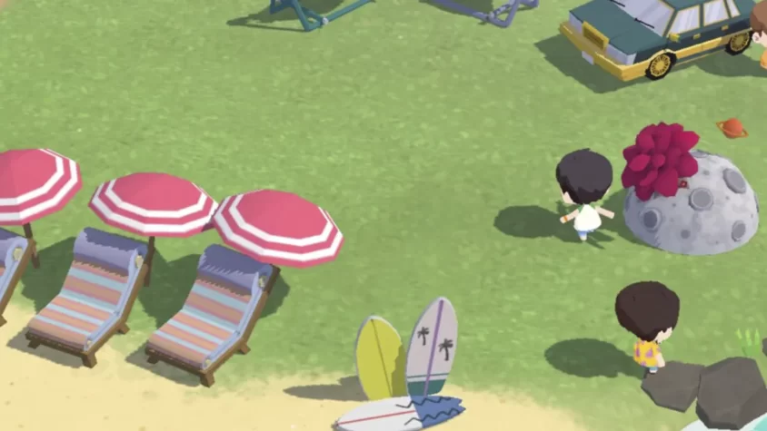 Персонажи игры на пляже с зонтиками и серфингом