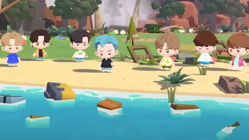 Персонажи игры на пляже с мелкими деталями, такими как мусор и растения