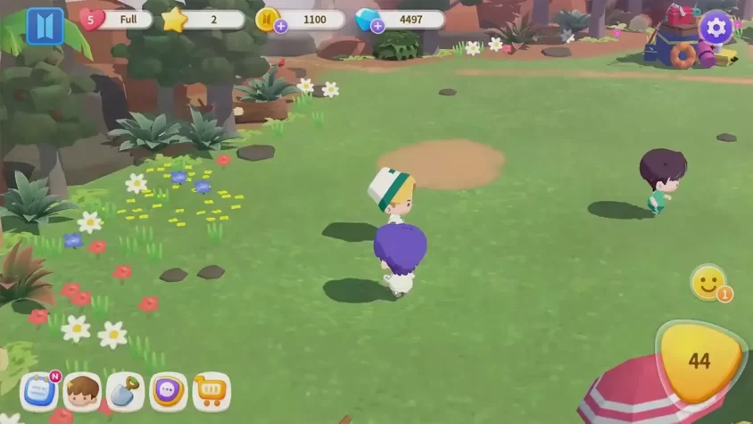 Группа персонажей на сцене с плакатами и камерами