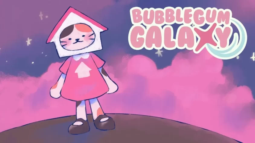 Обложка игры Bubblegum Galaxy Обложка игры Bubblegum Galaxy с персонажем в шапке в форме домика на фоне розовых облаков