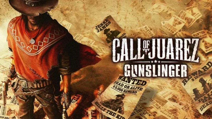 Обложка Call of Juarez: Gunslinger Главный герой в красном пончо стоит среди плакатов с надписью 'Разыскивается'