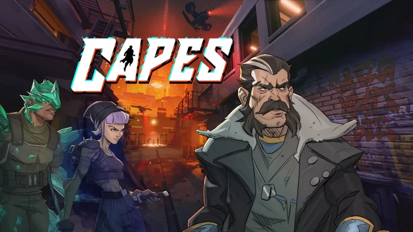 Обложка Capes Обложка игры Capes с изображением персонажей на фоне города