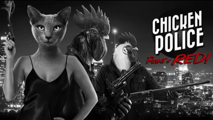 Обложка игры Chicken Police – Paint it RED! с необычными персонажами, такими как кошка и курица, на фоне города ночью