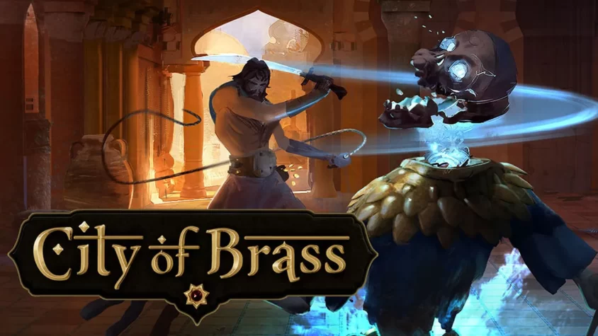 Обложка City of Brass с боевым моментом Главный герой рубит голову скелету в восточном дворце