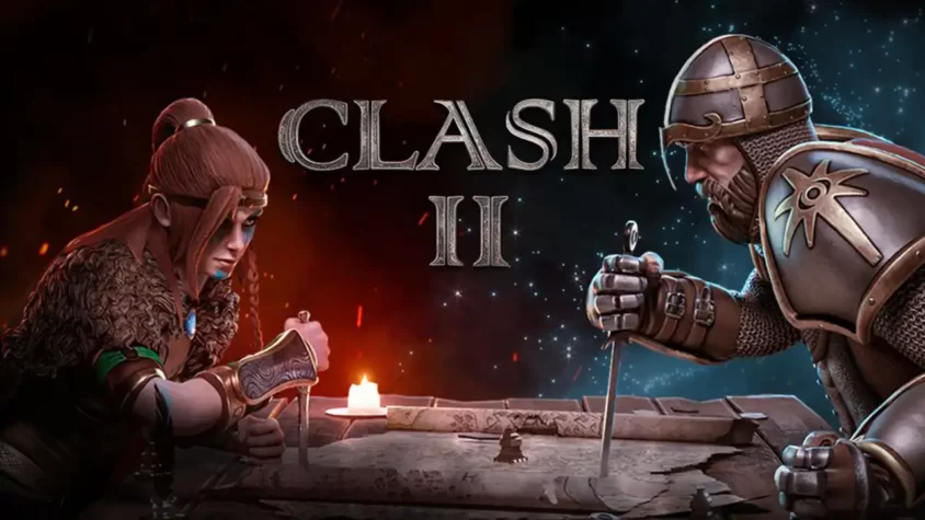 Обложка игры Clash II, два героя, готовые к бою на фоне космоса