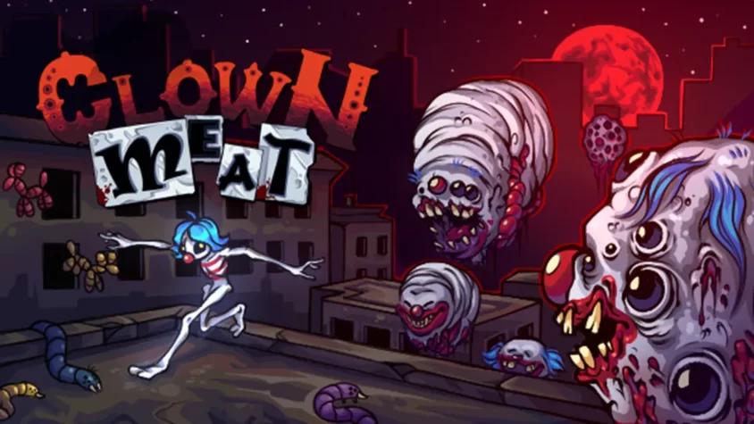 Обложка игры Clown Meat Обложка Clown Meat с ярким логотипом, клоуном и гигантскими мясными монстрами на фоне города