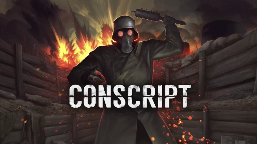 Обложка игры Conscript Главный персонаж в противогазе готовится к схватке на фоне взрыва