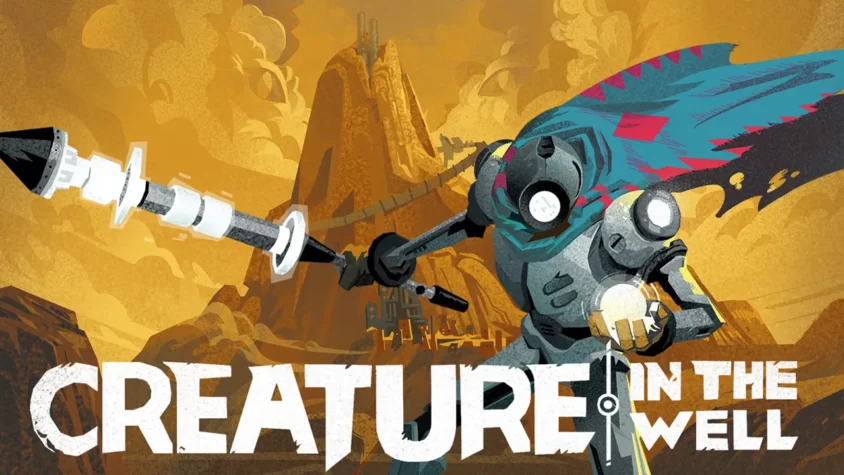 Обложка игры Creature in the Well — робот с мечом и энергетическим шаром на фоне пустынного ландшафта