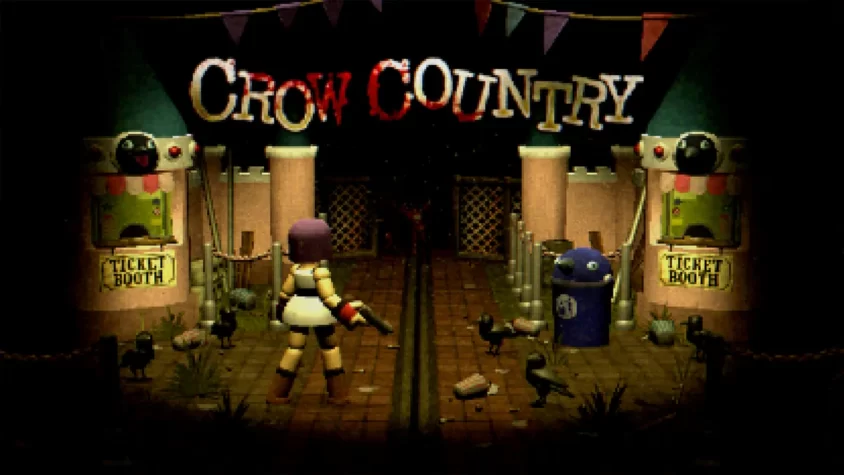 Обложка игры Crow Country, с названием и элементами аттракционов в стиле ретро