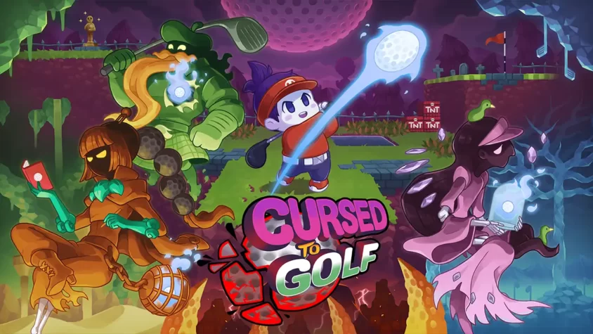 Обложка игры Cursed to Golf, изображение с персонажем, играющим в гольф на фоне магического и страшного мира