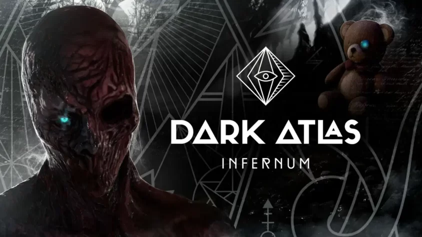 Dark Atlas: Infernum Потрясающая обложка игры с пугающим персонажем и мистической символикой