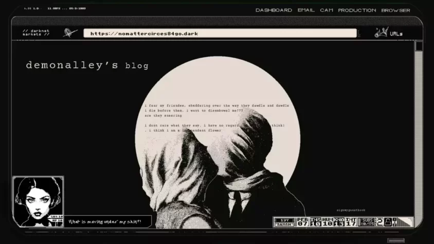 Экран с зловещим изображением и текстом 'DARKWEB STREAMER_'