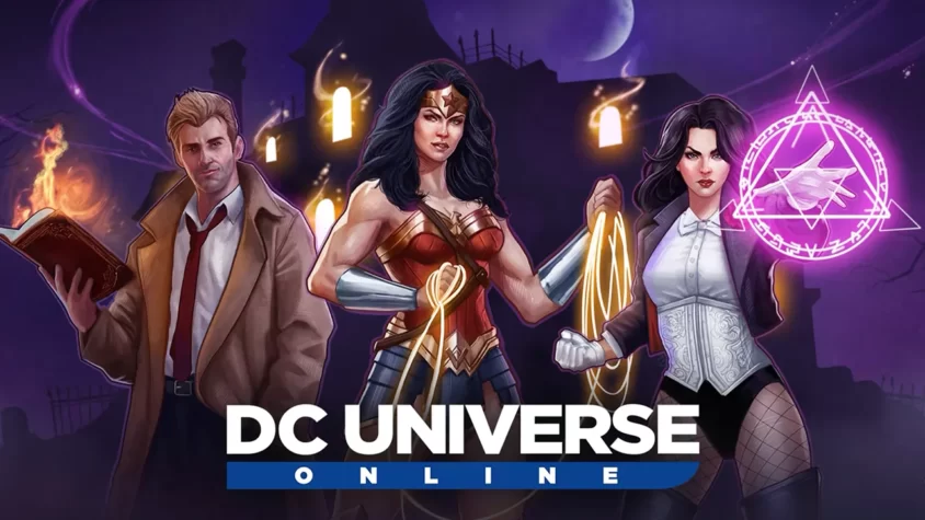Обложка игры DC Universe Online, где изображены Константин, Чудо-женщина и Затана с их характерными атрибутами