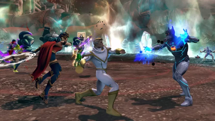 Персонажи сражаются против суперзлодеев в DC Universe Online, с магией и эффектами энергии