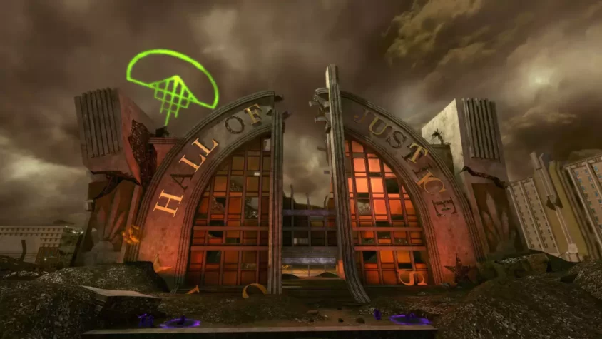 Разрушенные ворота Зала Справедливости в DC Universe Online на фоне апокалиптического неба