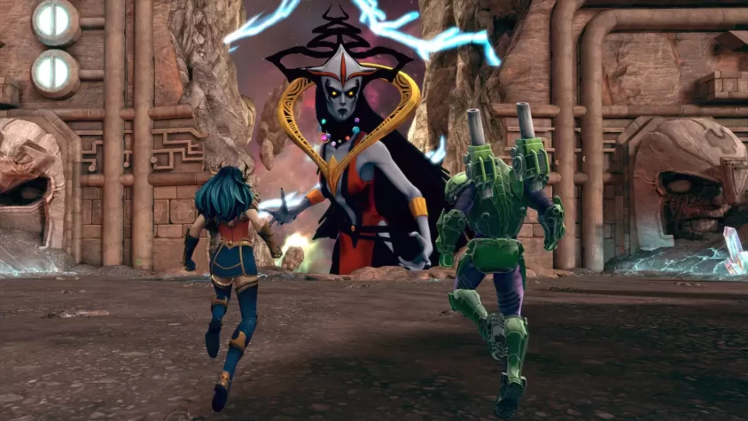 Персонажи сражаются с могущественным врагом в DC Universe Online, используя суперспособности