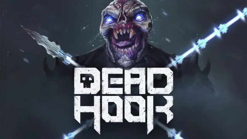Обложка игры Dead Hook: пугающая маска с яркими глазами и вооружённые руки