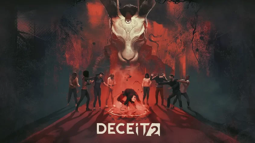 Обложка Deceit 2 с ритуальным кругом, игроками и огромной головой козла