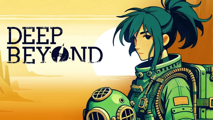 Обложка игры Deep Beyond, изображение девушки в скафандре на фоне моря и солнца