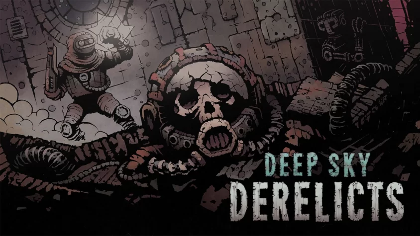 Deep Sky Derelicts Обложка игры, где космонавт с оружием противостоит жуткому черепу в скафандре на фоне разрушенного космического корабля