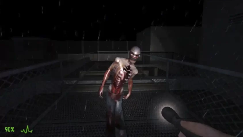 Монстр преследует героя в дождливом ночном окружении