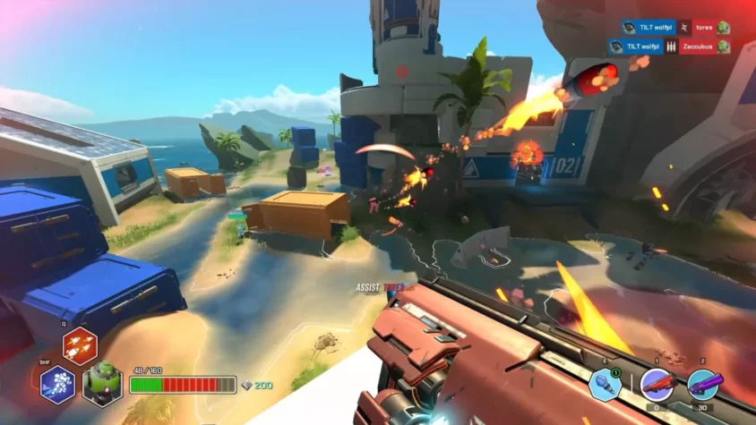 Геймплей Diabotical Rogue, стрельба на фоне острова с пальмами