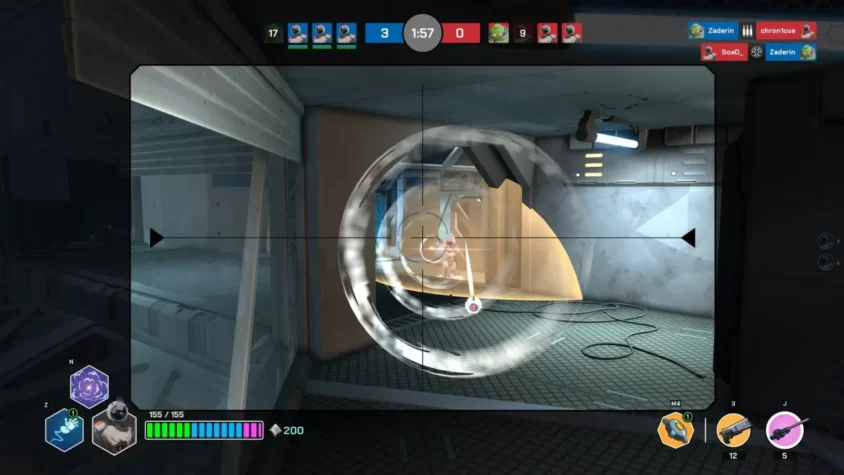 Геймплей Diabotical Rogue, игрок стреляет по врагу через стену